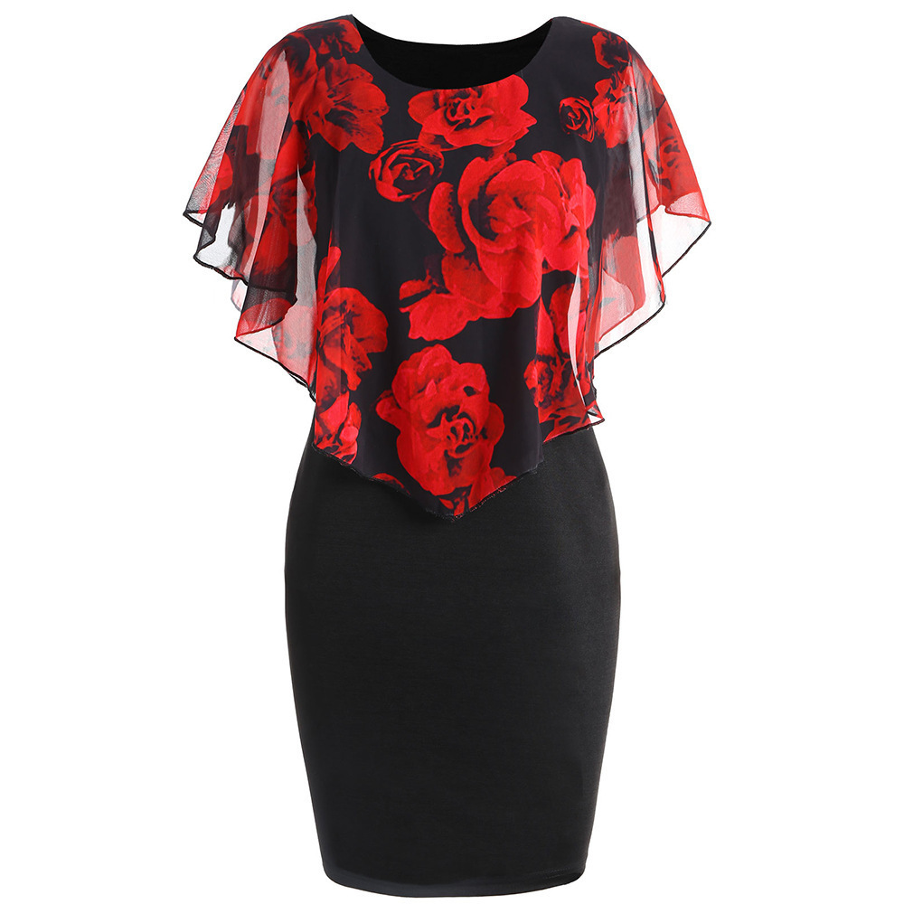 new rose print shawl slim wrap hip dress hot  Short sleeve summer