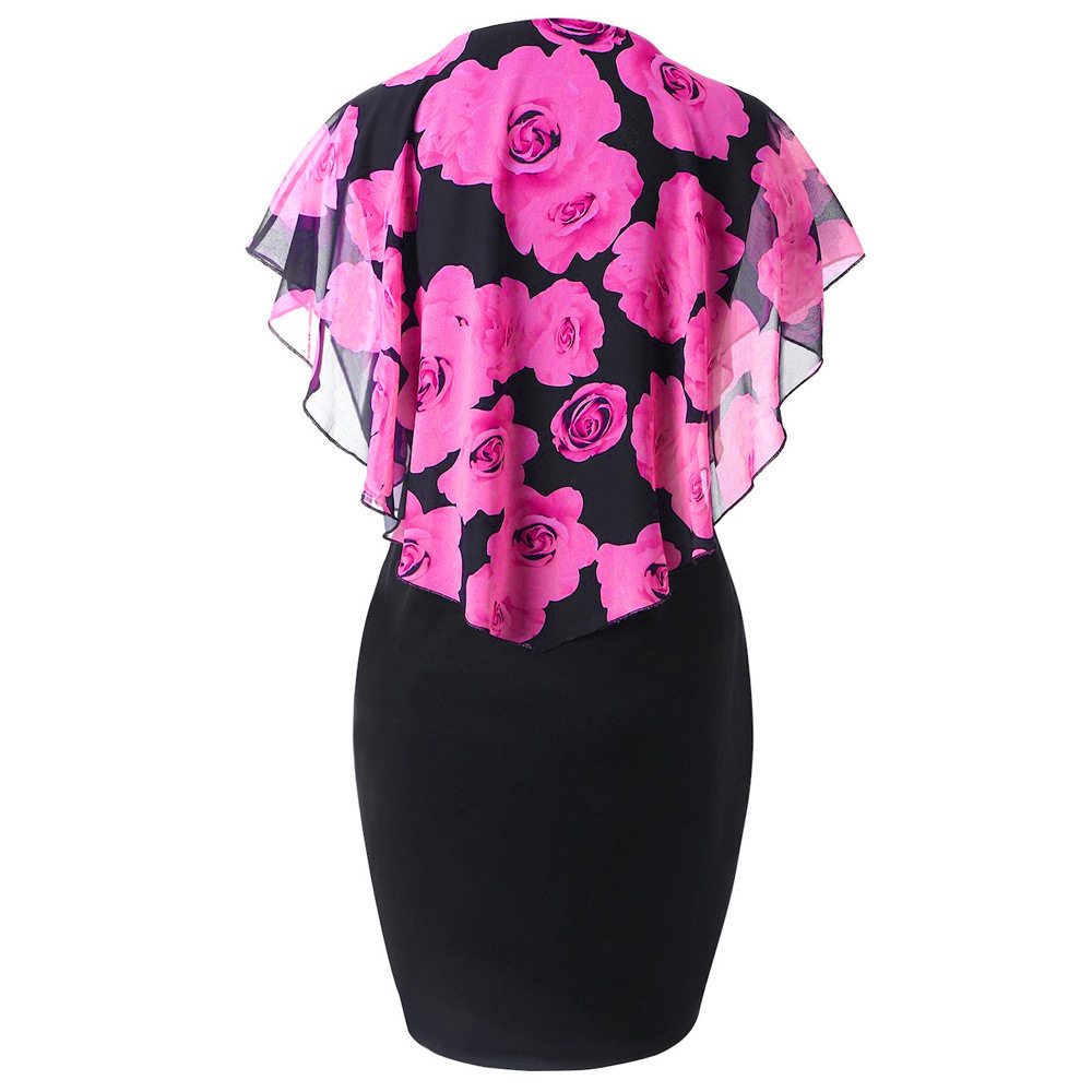 new rose print shawl slim wrap hip dress hot  Short sleeve summer