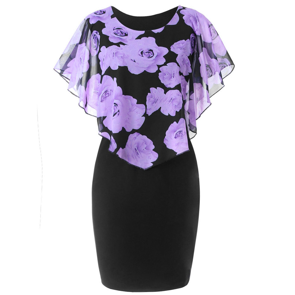 new rose print shawl slim wrap hip dress hot  Short sleeve summer