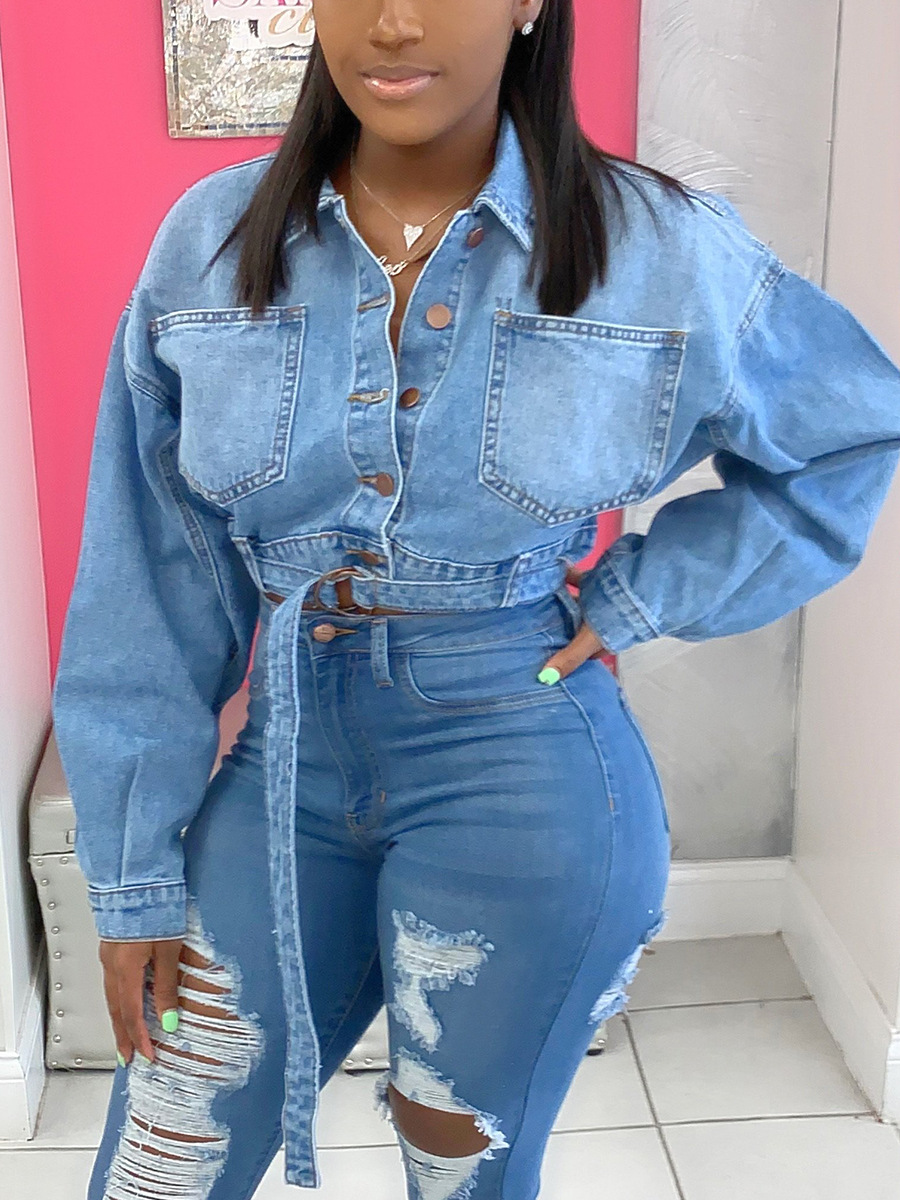 2021 Women's Denim Jacket Waist Loose Short Light Blue