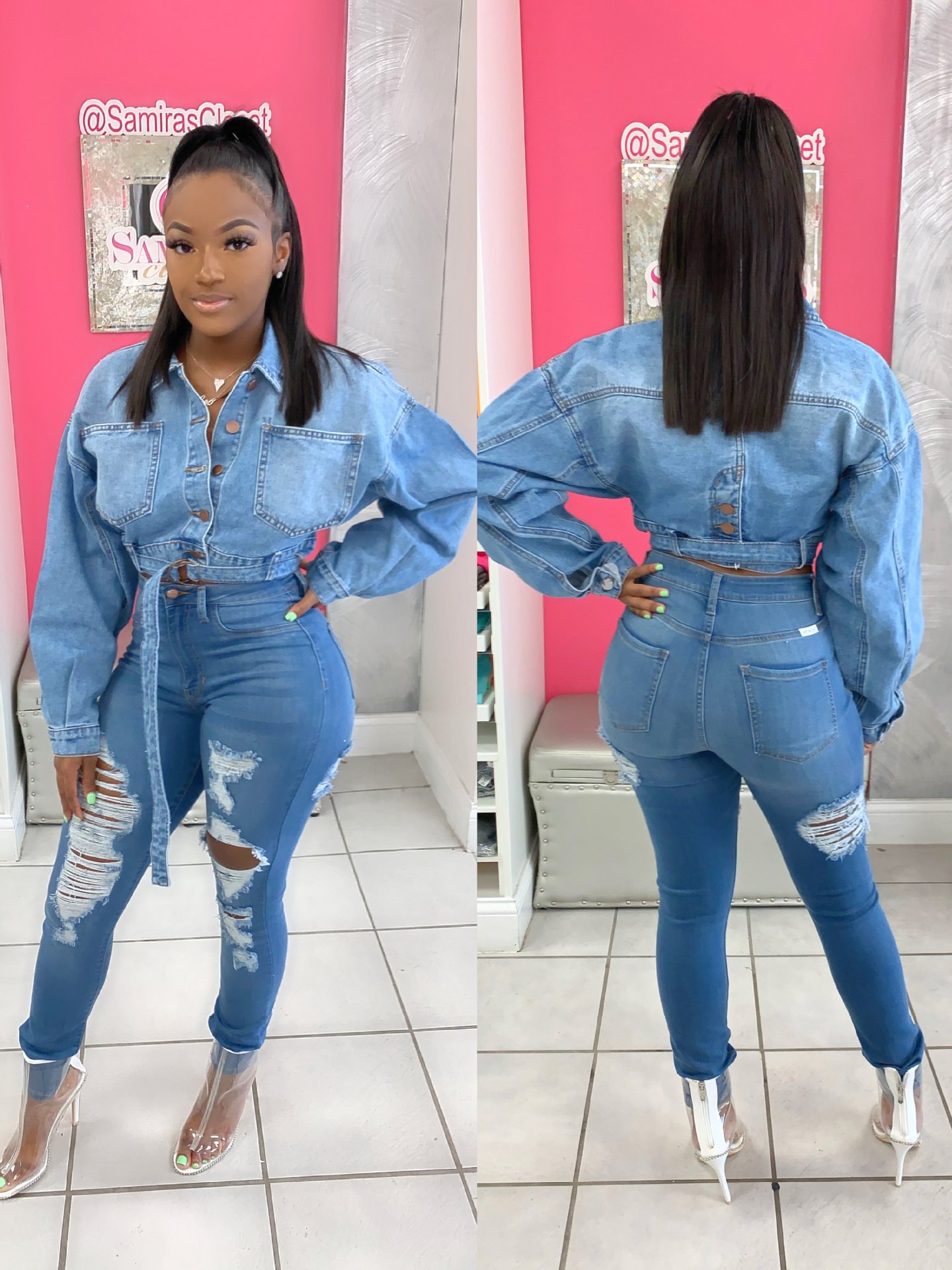 2021 Women's Denim Jacket Waist Loose Short Light Blue