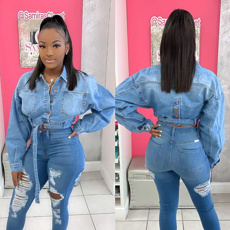 2021 Women's Denim Jacket Waist Loose Short Light Blue