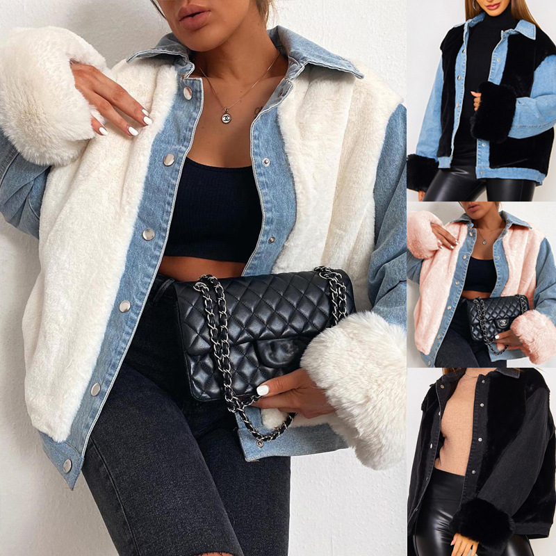 2021 women&apos;s denim jacket casual plush denim stitching warm jacket autumn and winter jacket