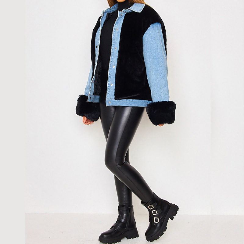 2021 women&apos;s denim jacket casual plush denim stitching warm jacket autumn and winter jacket
