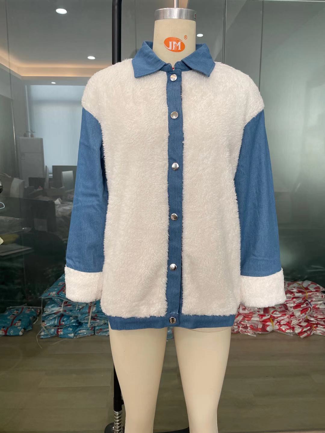 2021 women&apos;s denim jacket casual plush denim stitching warm jacket autumn and winter jacket