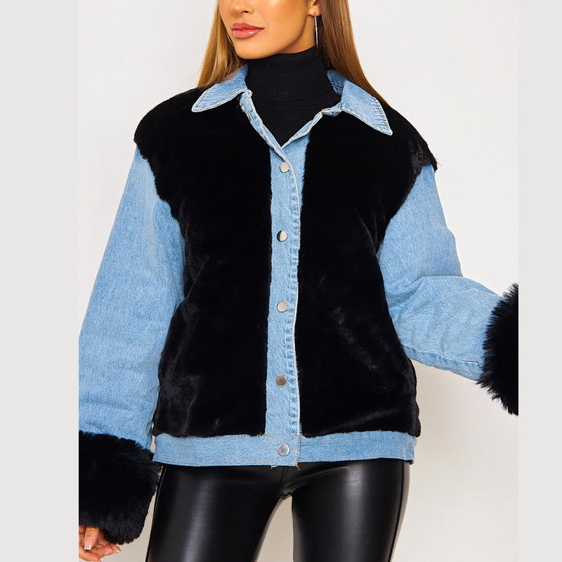 2021 women&apos;s denim jacket casual plush denim stitching warm jacket autumn and winter jacket