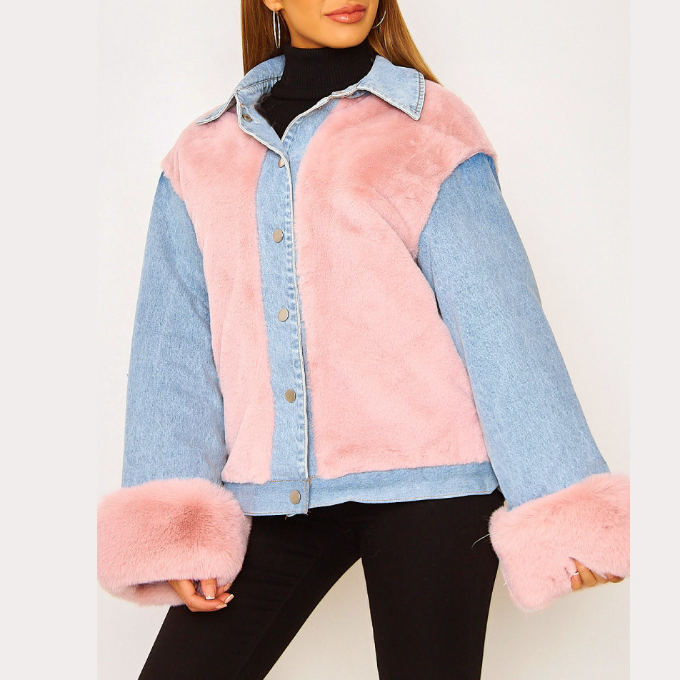 2021 women&apos;s denim jacket casual plush denim stitching warm jacket autumn and winter jacket