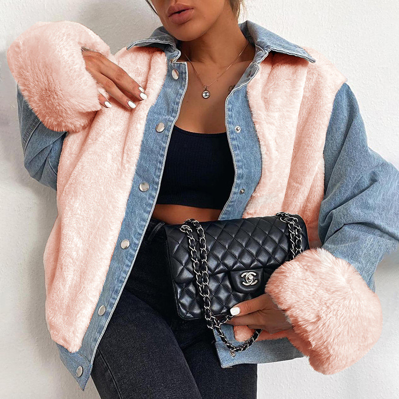 2021 women&apos;s denim jacket casual plush denim stitching warm jacket autumn and winter jacket
