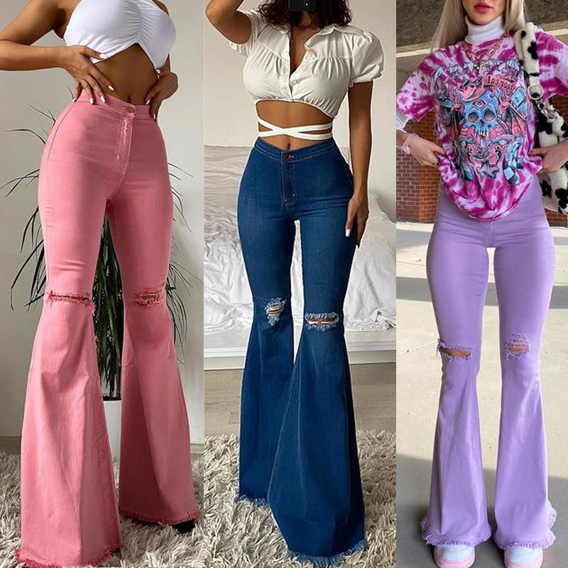 Women's new style jeans hip-lifting ripped flared trousers color stretch denim trousers