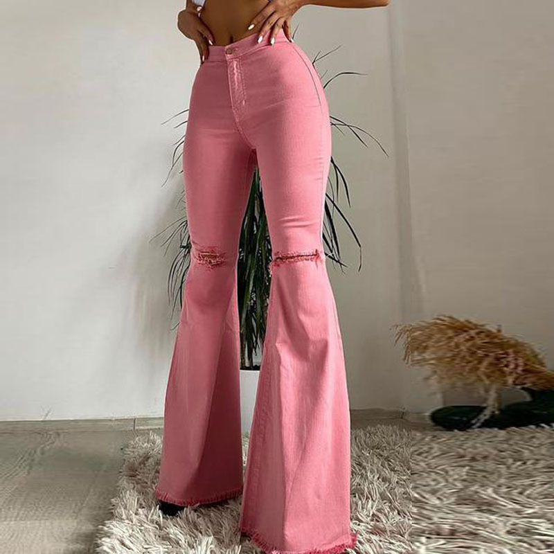 Women's new style jeans hip-lifting ripped flared trousers color stretch denim trousers