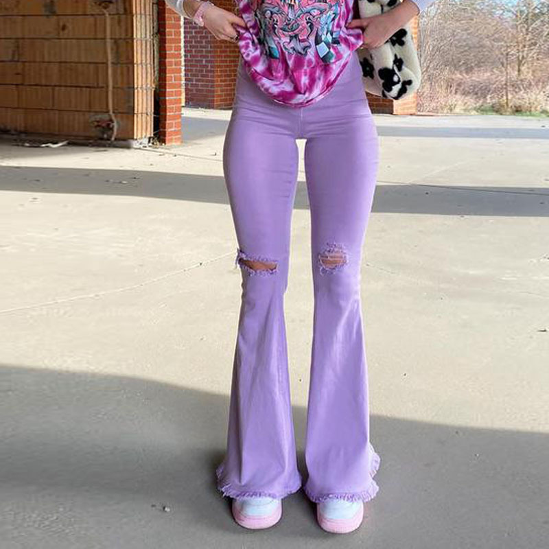 Women's new style jeans hip-lifting ripped flared trousers color stretch denim trousers
