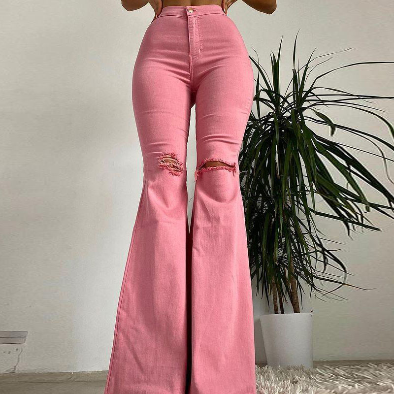 Women's new style jeans hip-lifting ripped flared trousers color stretch denim trousers