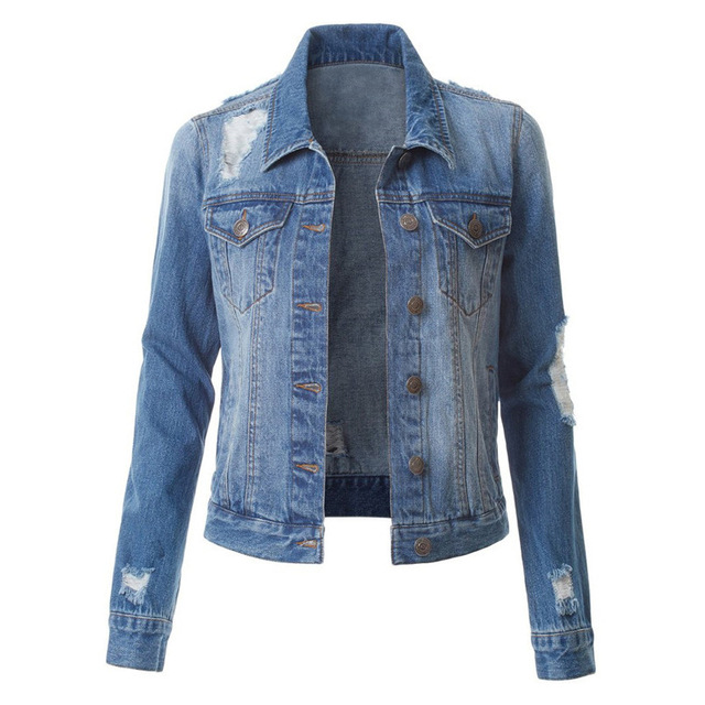 Ladies&apos; new denim jacket with ripped holes and slimming jacket
