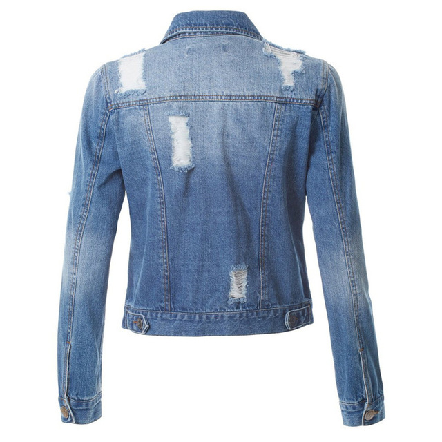 Ladies&apos; new denim jacket with ripped holes and slimming jacket
