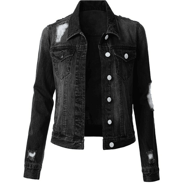 Ladies&apos; new denim jacket with ripped holes and slimming jacket