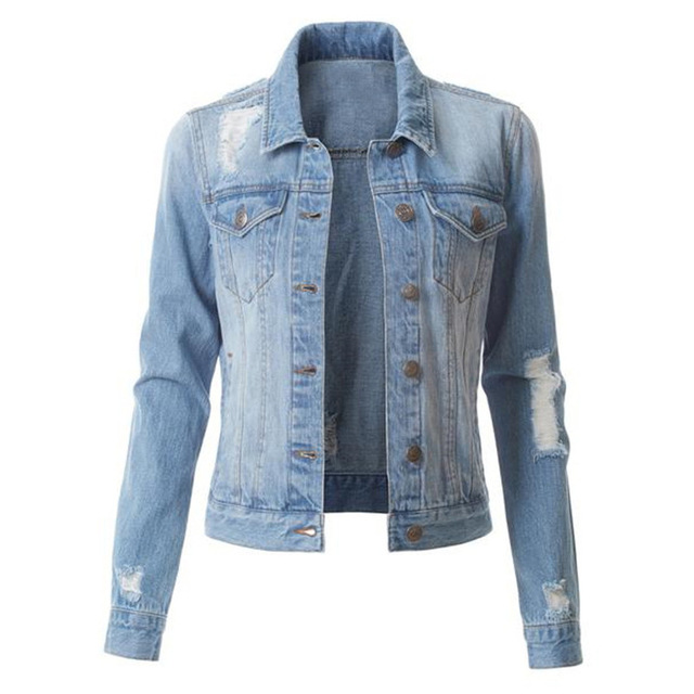 Ladies&apos; new denim jacket with ripped holes and slimming jacket