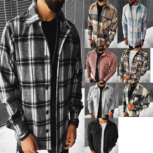 New Men&apos;s Shirt Plaid Pocket Long Sleeve Shirt Top