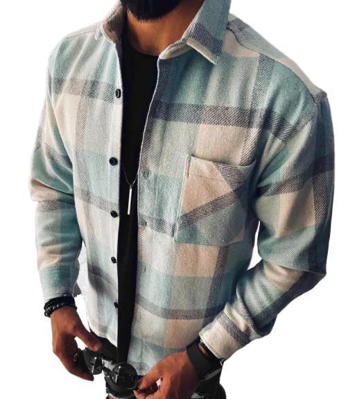 New Men&apos;s Shirt Plaid Pocket Long Sleeve Shirt Top