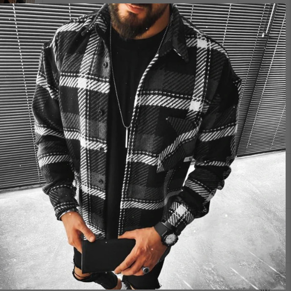 New Men&apos;s Shirt Plaid Pocket Long Sleeve Shirt Top