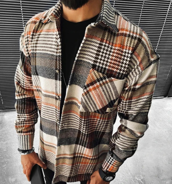 New Men&apos;s Shirt Plaid Pocket Long Sleeve Shirt Top