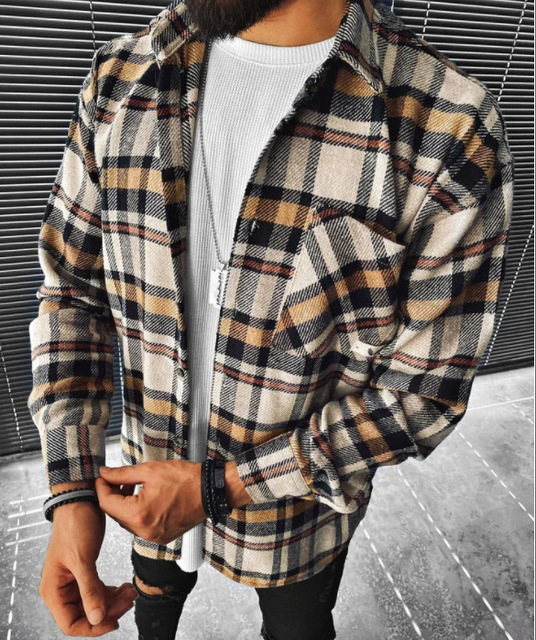 New Men&apos;s Shirt Plaid Pocket Long Sleeve Shirt Top