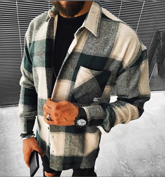 New Men&apos;s Shirt Plaid Pocket Long Sleeve Shirt Top
