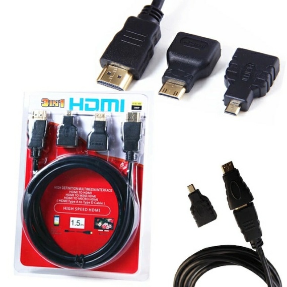 1.5m 3-in-1 HDMI to HDMI/Mini/Micro HDMI Adapter Cable Kit HD for Tablet PC TV - Black