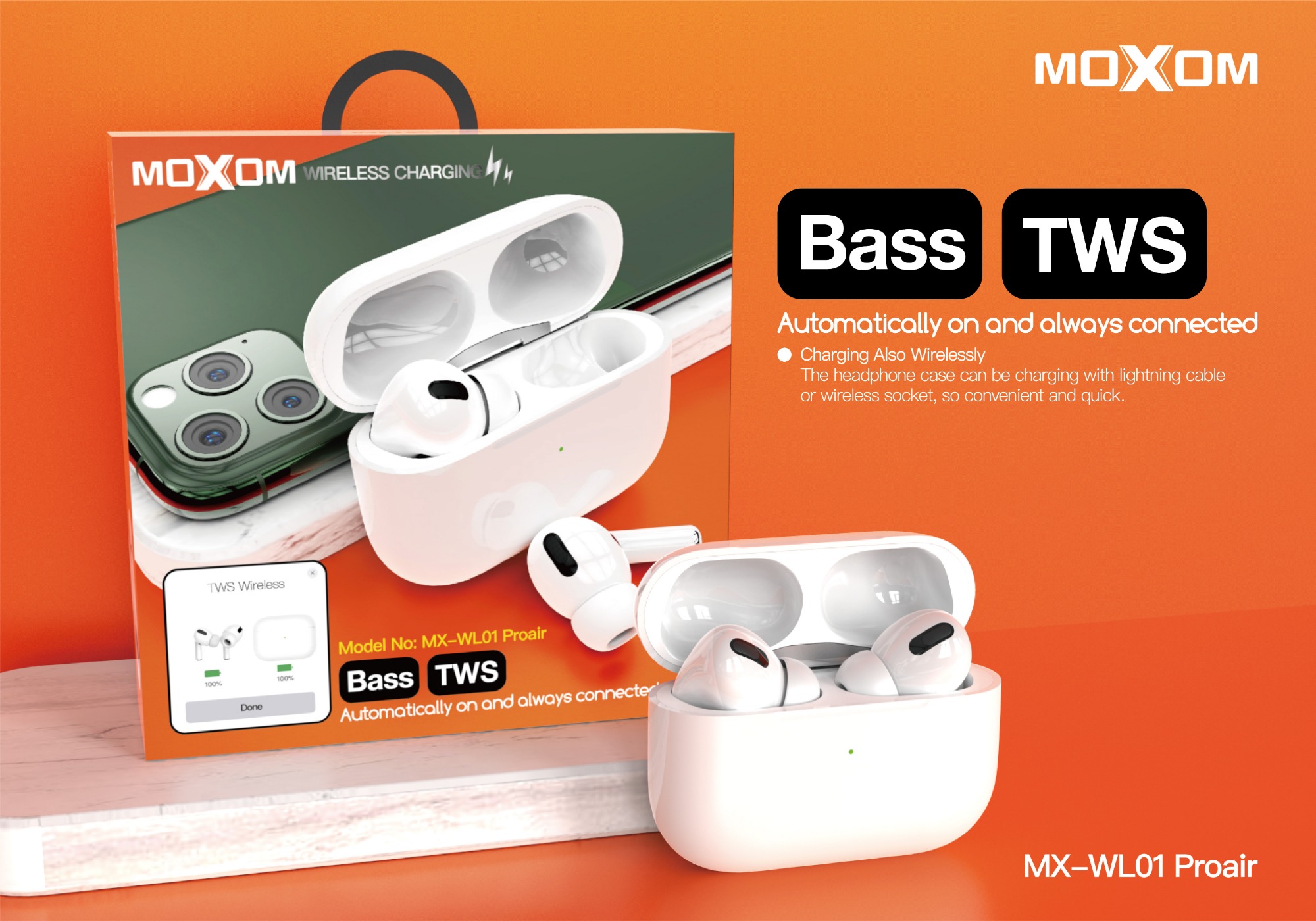 MOXOM MX-WL01 Pro Wireless Bluetooth Airpods 3D Stereo sound Earbuds Headphones