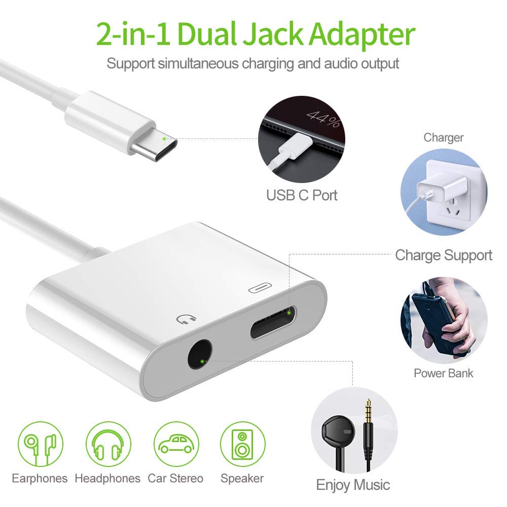 TYPE C Adapter &amp; Splitter, 2 In 1 Aux Headphone Jack Audio &amp; Charging Cable Adapter