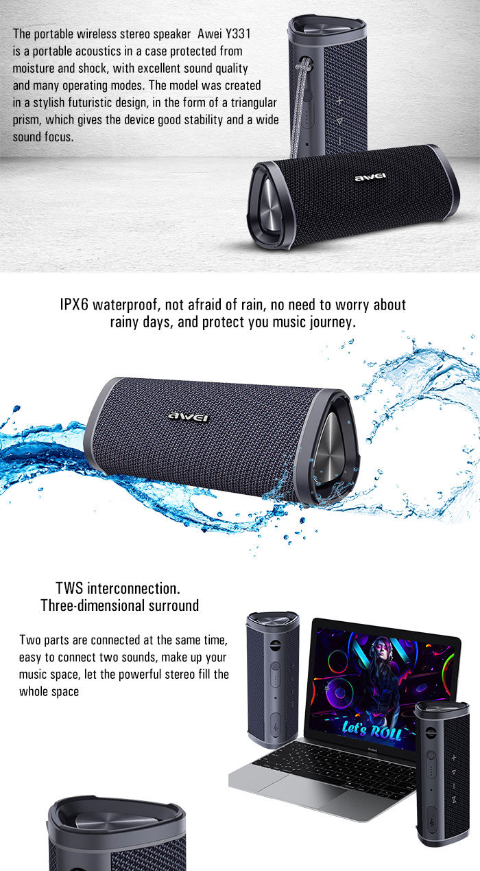 Awei Y331 TWS Outdoor Waterproof Speaker Bluetooth Wireless Stereo Super Bass Sound 2000mAh