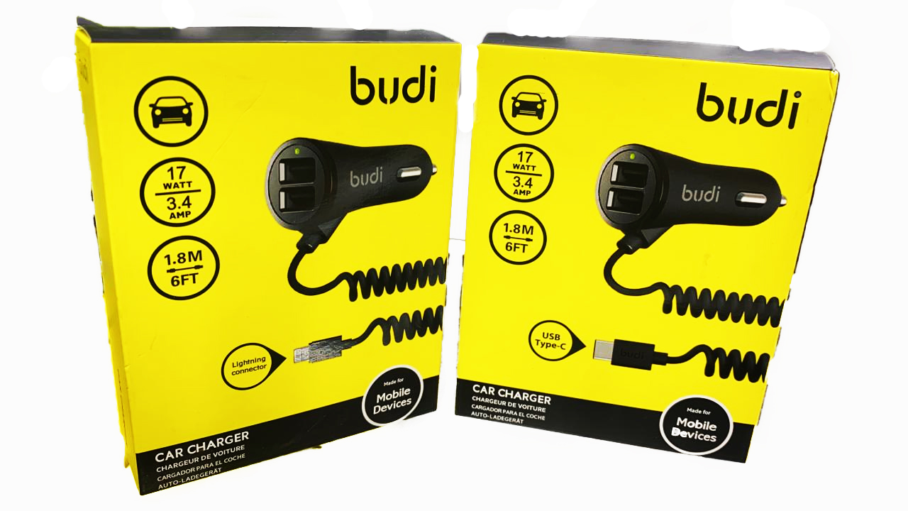 budi M8J068L Car Charger with Coiled lightning Connector