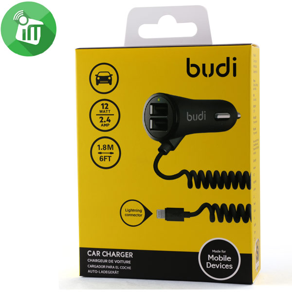 budi M8J068L Car Charger with Coiled lightning Connector