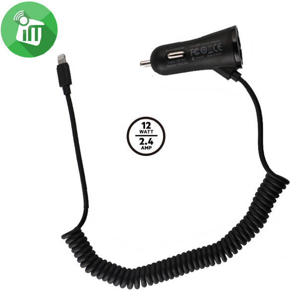 budi M8J068L Car Charger with Coiled lightning Connector