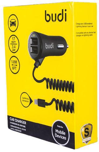 budi M8J068L Car Charger with Coiled lightning Connector