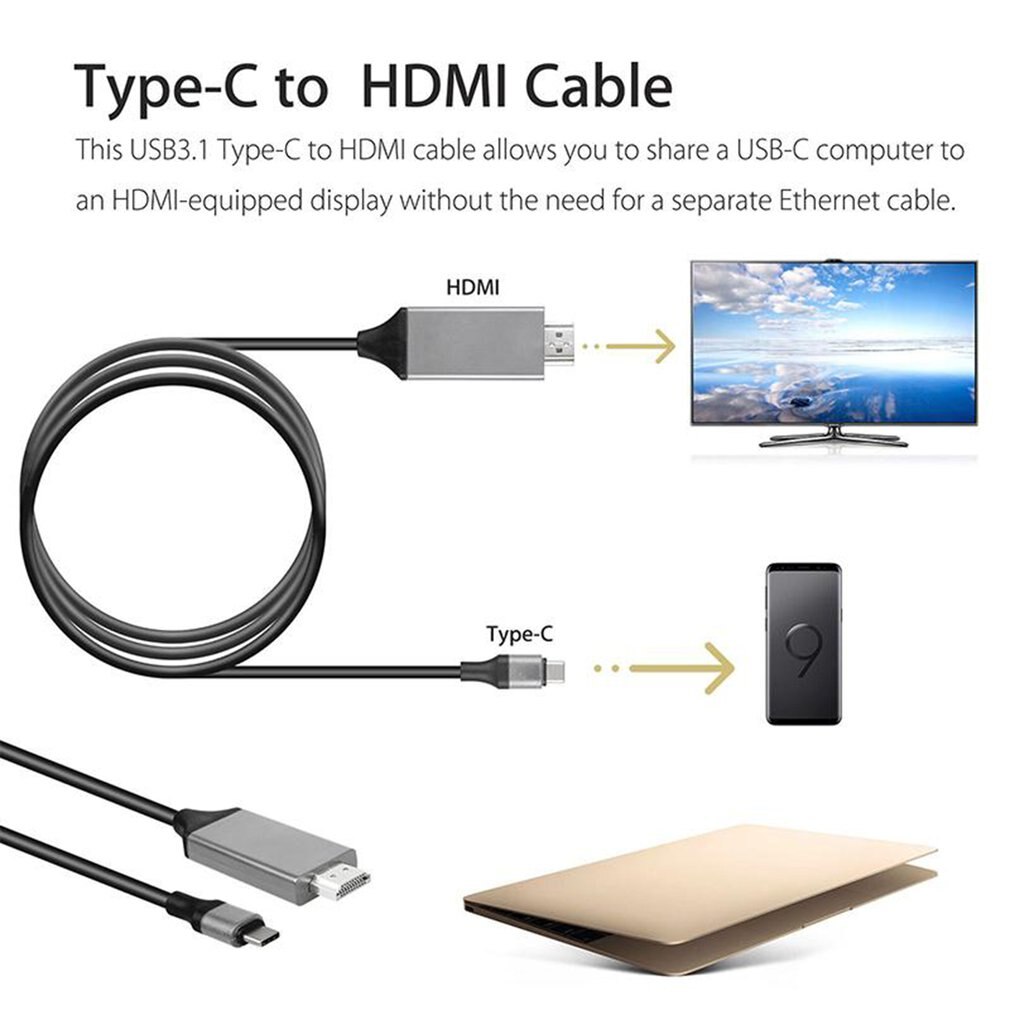 1080P Cable 2m Type-C USB-C to HDMI-Adapter USB C to HD TV Cable Adapters - Samsung S10 /S9 /S8 /Note 9