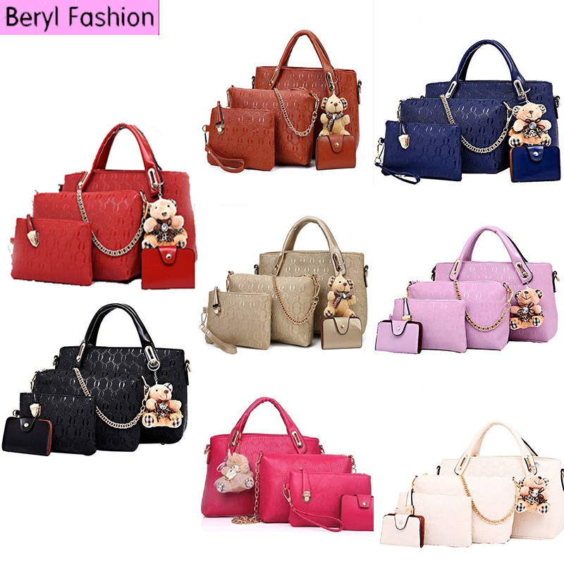 Fashion Shoulder Bag Combination 4-Piece Classic Women Luxury Handbag PU Leather Bag Blue