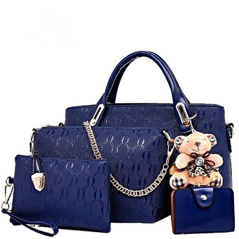 Fashion Shoulder Bag Combination 4-Piece Classic Women Luxury Handbag PU Leather Bag Blue