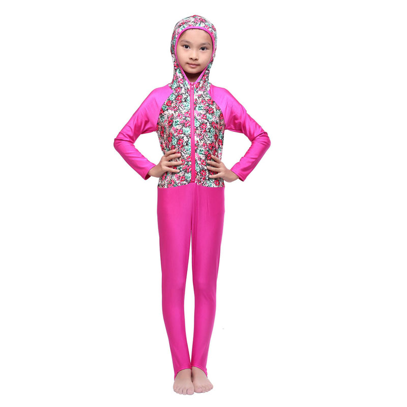 girl&apos;s Islamic Muslim conjoined swimsuit child&apos;s a one-piece suit consists of cap, jacket and pant