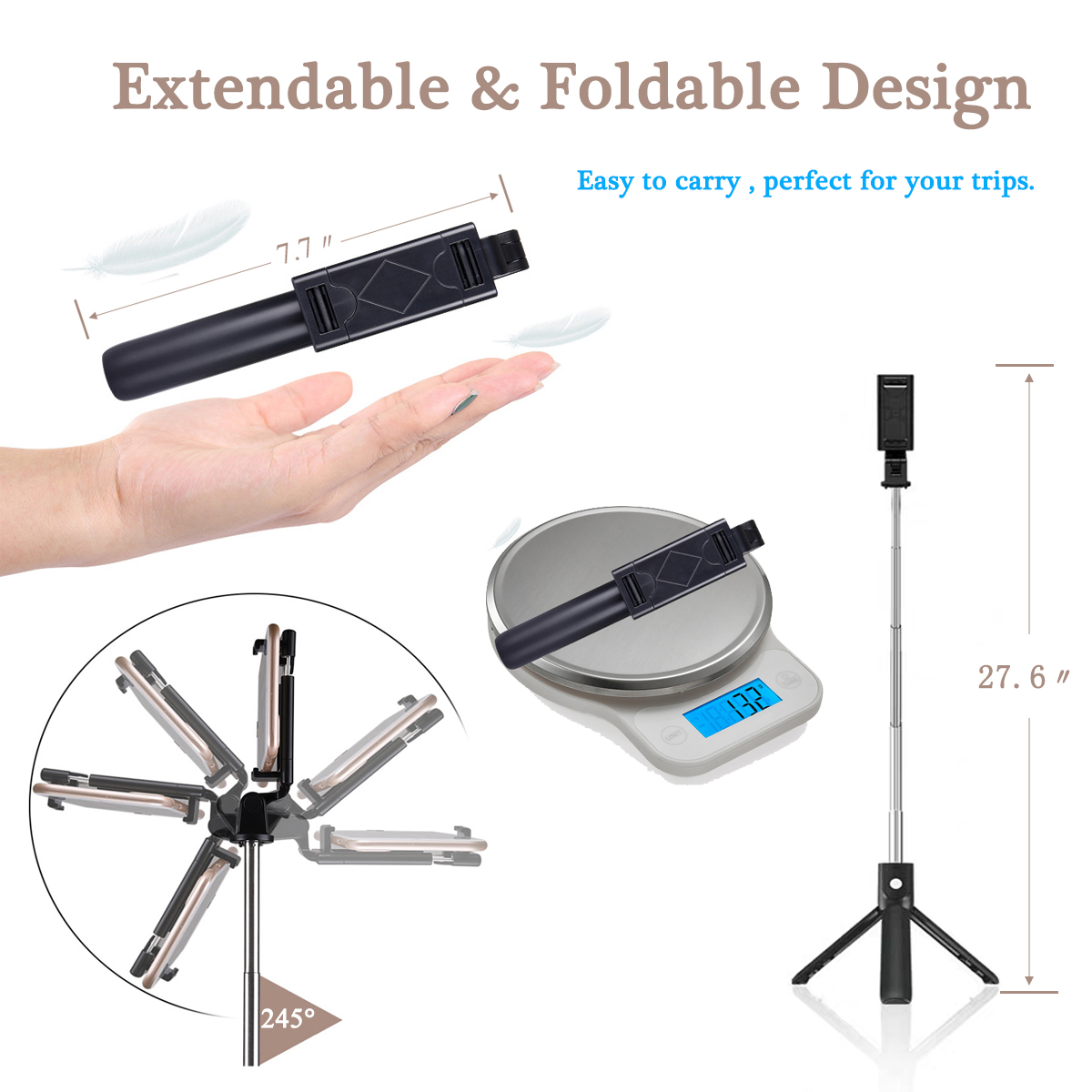 Selfie Stick Tripod Bluetooth Wireless Portable Cell Phone Tripod Stand with 27.6 Inch Extendable