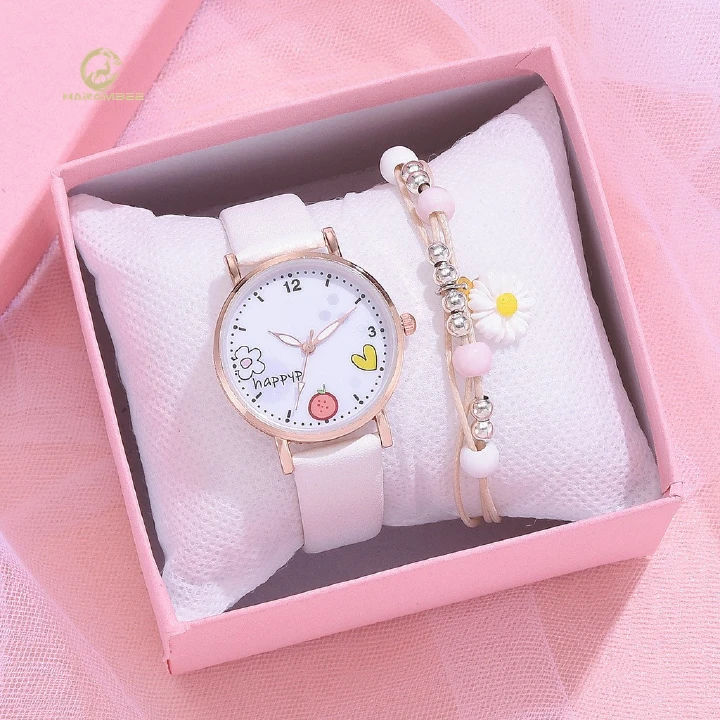 2022 New Kids Watches Set Students Children's Watches Pink Girls Leather Strap Child Hours Quartz Wristwatch Girl Gift Clocks