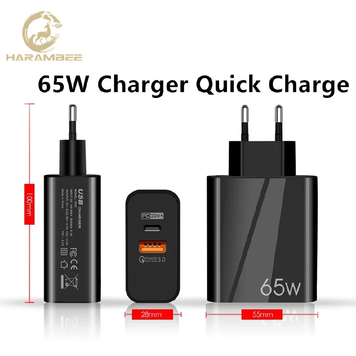 Harambee 65W Charger Quick Charge USB Type C Fast Charger For iPhone Huawei Samsung S22 Xiaomi 12