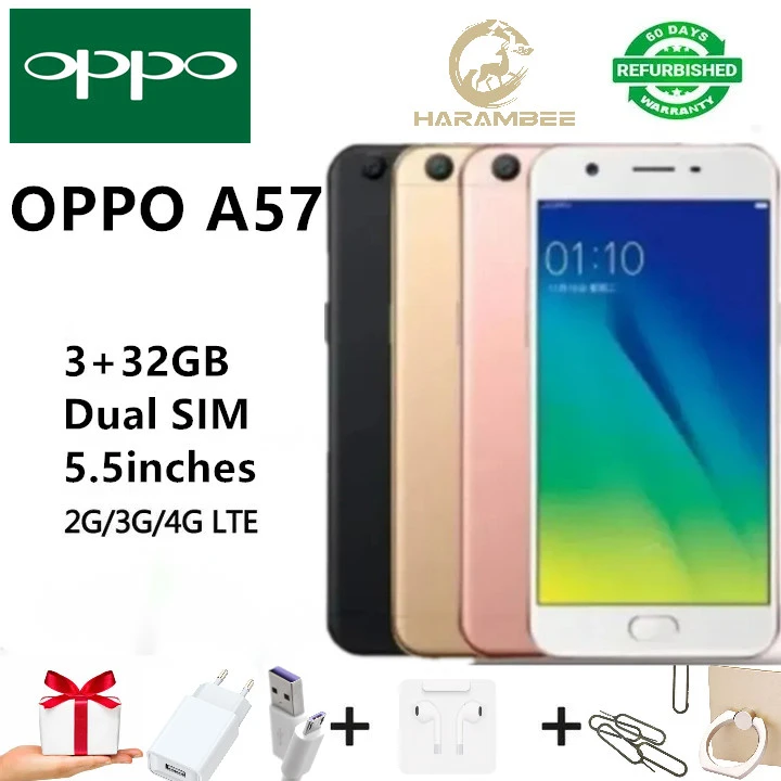 Harambee Refurbished OPPO A57 Smart Phone 3+32GB Dual SIM Smartphone Support UMTS & LTE 5.5 Inches