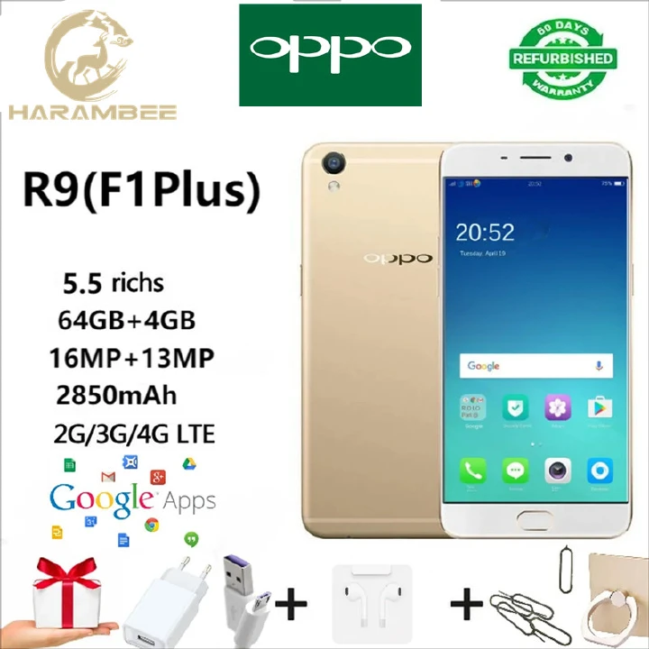 Harambee Refurbished OPPO R9(F1s, F1, F1plus)  Smart Phone 5.5-inch 64GB + 4GB 1920*1080 4G Smart Phone Fashion Phone Fingerprint unlock Gold