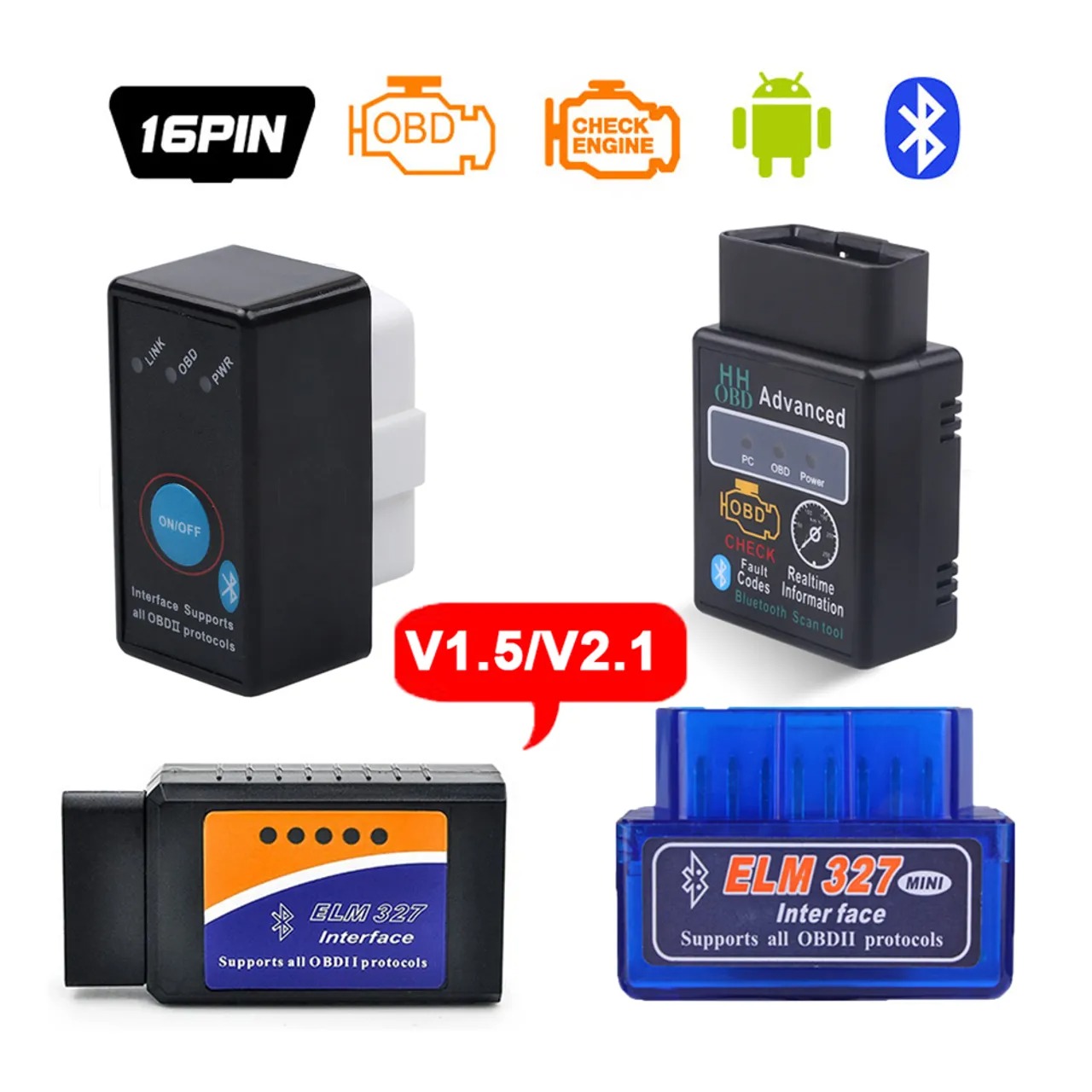 Harambee Elm327 Bluetooth OBD2 V1.5 Elm 327 V 1.5 OBD 2 Car Diagnostic Tool Scanner Mini Elm-327 OBDII Adapter Auto Diagnostic Tool Good Helper for Cars