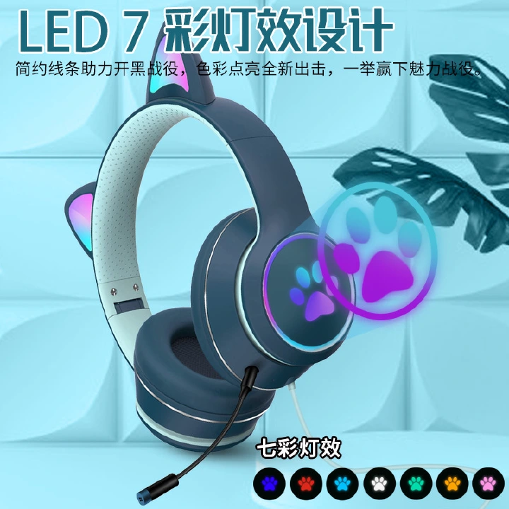 Cat Ear Gaming Headphone LED Light Girl Gamer Wired Headset Stereo Game Cat Earphone PC Earbud with Mic for Tablet PS4 PS5 Fifa