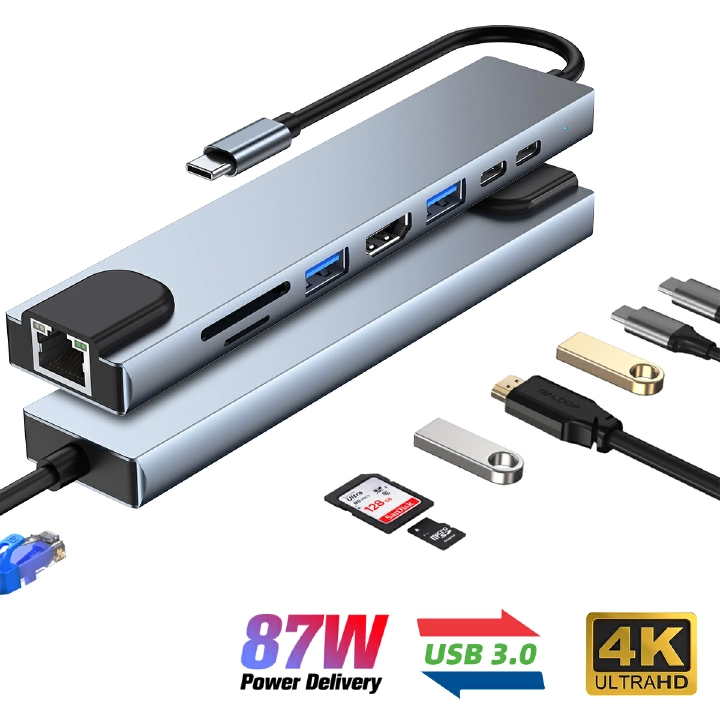 8 in 1 USB 3.0 Hub For Laptop PC Computer Charge 8 Ports Dock Station RJ45 HDMI-compatible TF/SD Card Notebook Type-C Splitter