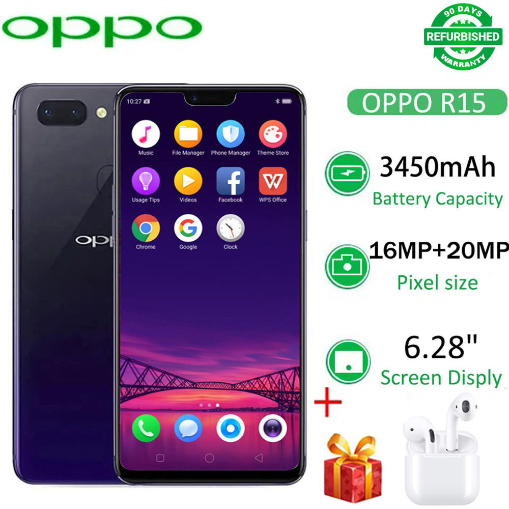 Limited Offer Refurbished OPPO R15 128GB+6GB 6.28" 20MP+16MP 2G/3G/4G LTE Dual SIM Android 8.1 3450mAh Face  ID Fingerprint Unlock Smartphones Big Phones