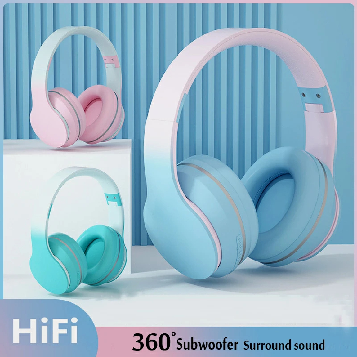 Headset Bluetooth Headphone Wireless Music Gradient Color with Mic Gamer Earphone Kids Lovely Christmas Gifts
