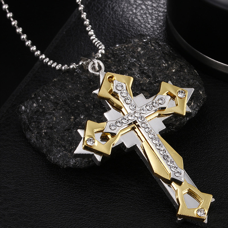 Jewellery Men Necklaces Men Bible Personality Pendant Punk Style Three-layer Cross Diamond Necklace