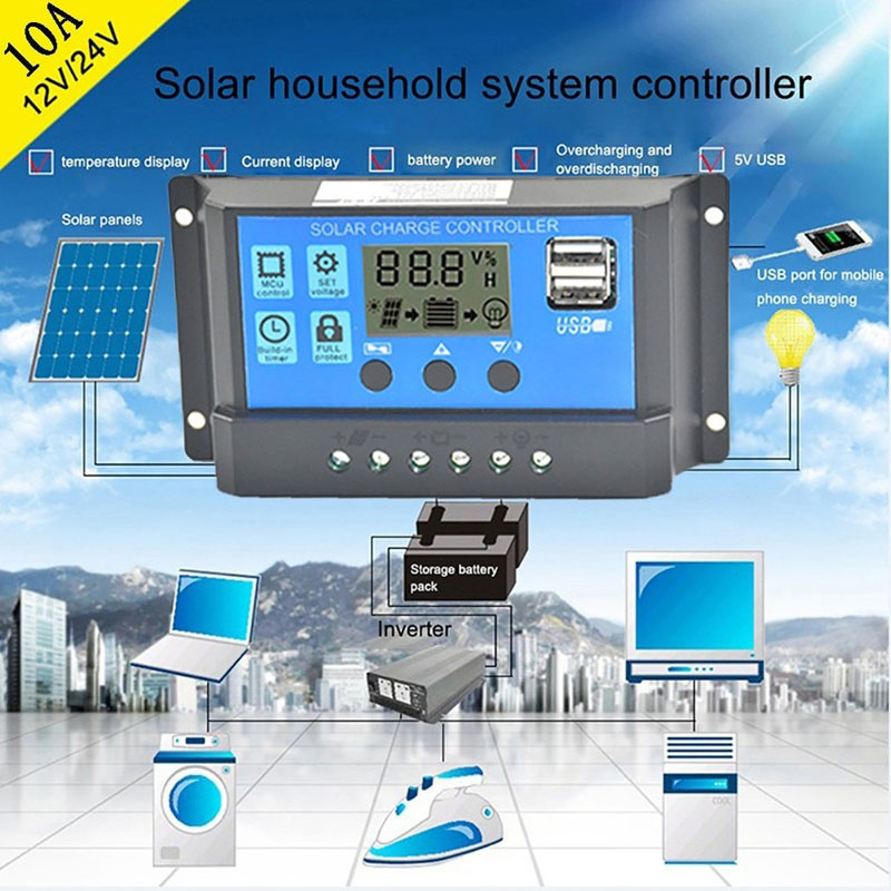24V/12V Auto Solar Panel Battery Charge Controller 10A LCD Solar Collector Regulator with Dual USB